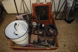 Box of mixed items to include enamel bucket, small dressing table mirror, pair of gents boots etc