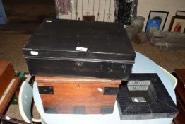 Vintage metal cash box together with a further small hardwood metal bound chest (2)