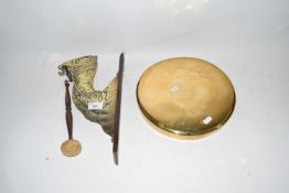 Vintage brass mounted dinner gong, the support formed as a camels head