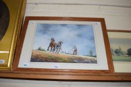 Maurice J.Bush (Dutch, 20th century), ploughing with Shire horses, pastel, 10x14ins, signed,