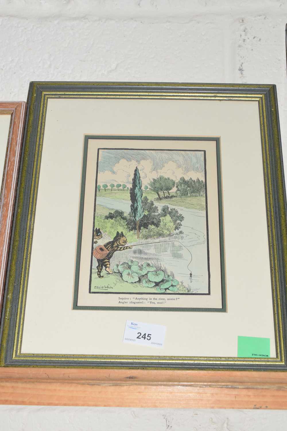 Louis Wain, coloured print The Angler, framed and glazed