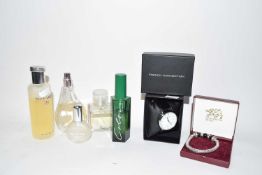 Mixed Lot: Various modern bottles of perfume, French Connection wristwatch and a modern bracelet