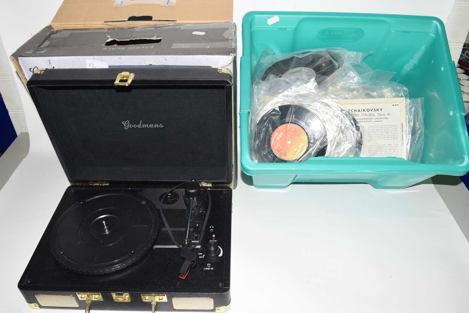 Modern portable Goodmans turntable and box of assorted singles