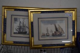 French coloured print of tall ships in a contemporary gilt frame