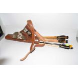 Modern brown leather archery arrow quiver with approx. 30 arrows