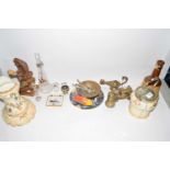 Mixed Lot: A biscuit barrell, Wade Whiskey bell, various brass wares, resin model of a monkey and