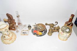 Mixed Lot: A biscuit barrell, Wade Whiskey bell, various brass wares, resin model of a monkey and