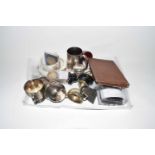 Box of various mixed items to include small silver salts, various silver plated wares, trophies,