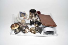Box of various mixed items to include small silver salts, various silver plated wares, trophies,