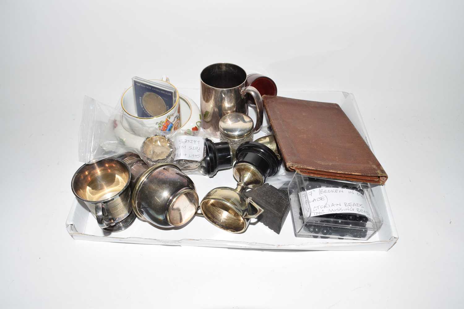 Box of various mixed items to include small silver salts, various silver plated wares, trophies, - Image 2 of 2