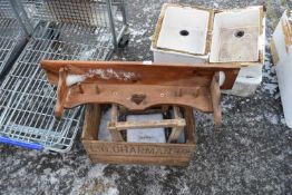 Mixed Lot: Vintage wooden crate, stool and a coat rack