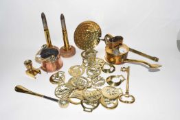 Mixed lot comprising various horse brasses, small brass watering can, mounted shell cases and