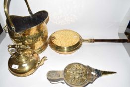 Mixed Lot: Brass coal bucket, kettle, bellows and bed warming pan
