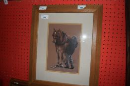 Sarah Pyefinch (British, contemporary), Suffolk punch and handler, goucache, 9x6ins, mounted, framed