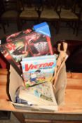 Box of various mixed items, Playstation games, Victor annuals, Star Wars jigsaw puzzle etc
