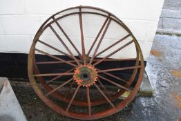 Pair of vintage iron wheels, 112cm diameter