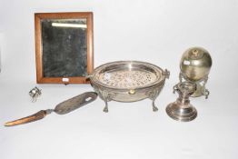 Mixed lot comprising a silver plated warming dish, silver plated egg coddler, a small mirror and