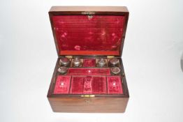 19th Century rosewood veneered dressing table box with fitted interior and jars with plated lids