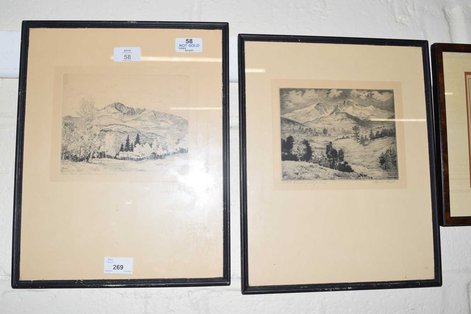 Lyman Byxbe, two black and white etchings, framed and glazed