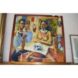 British, contemporary, Interior scene with artist and indigenous woman surrounded by tribal objects,