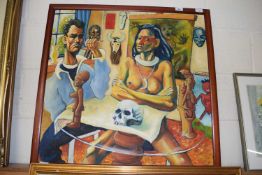 British, contemporary, Interior scene with artist and indigenous woman surrounded by tribal objects,