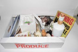 Box of various assorted ceramics, glass model teapot, various owl models and other assorted items