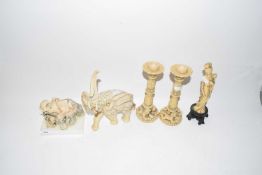 Mixed Lot: Resin model elephant, further Geisha Girl model and a pair of candlesticks