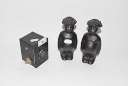 Mixed lot comprising a baby Hawkeye camera together with a pair of modern ceramic figures