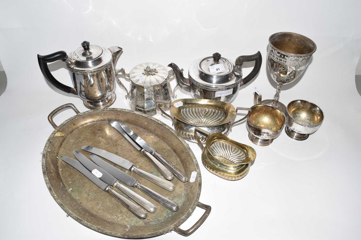 Mixed Lot: Various assorted silver plated tea wares, serving trays, knives etc - Image 2 of 2