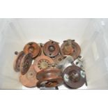 Box of various vintage wooden centre pin fishing reels and associated parts