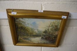 British School, 20th century, riverside landscape scene, oil on board, 11x15ins, gilt framed.