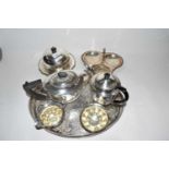 Mixed Lot: Silver plated tea set together with hors d'oeurves dish, tray etc