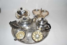 Mixed Lot: Silver plated tea set together with hors d'oeurves dish, tray etc