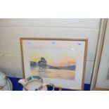 British, contemporary, lakeside view with distant, mountainous ranges, watercolour, indistinctly