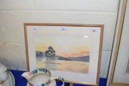 British, contemporary, lakeside view with distant, mountainous ranges, watercolour, indistinctly