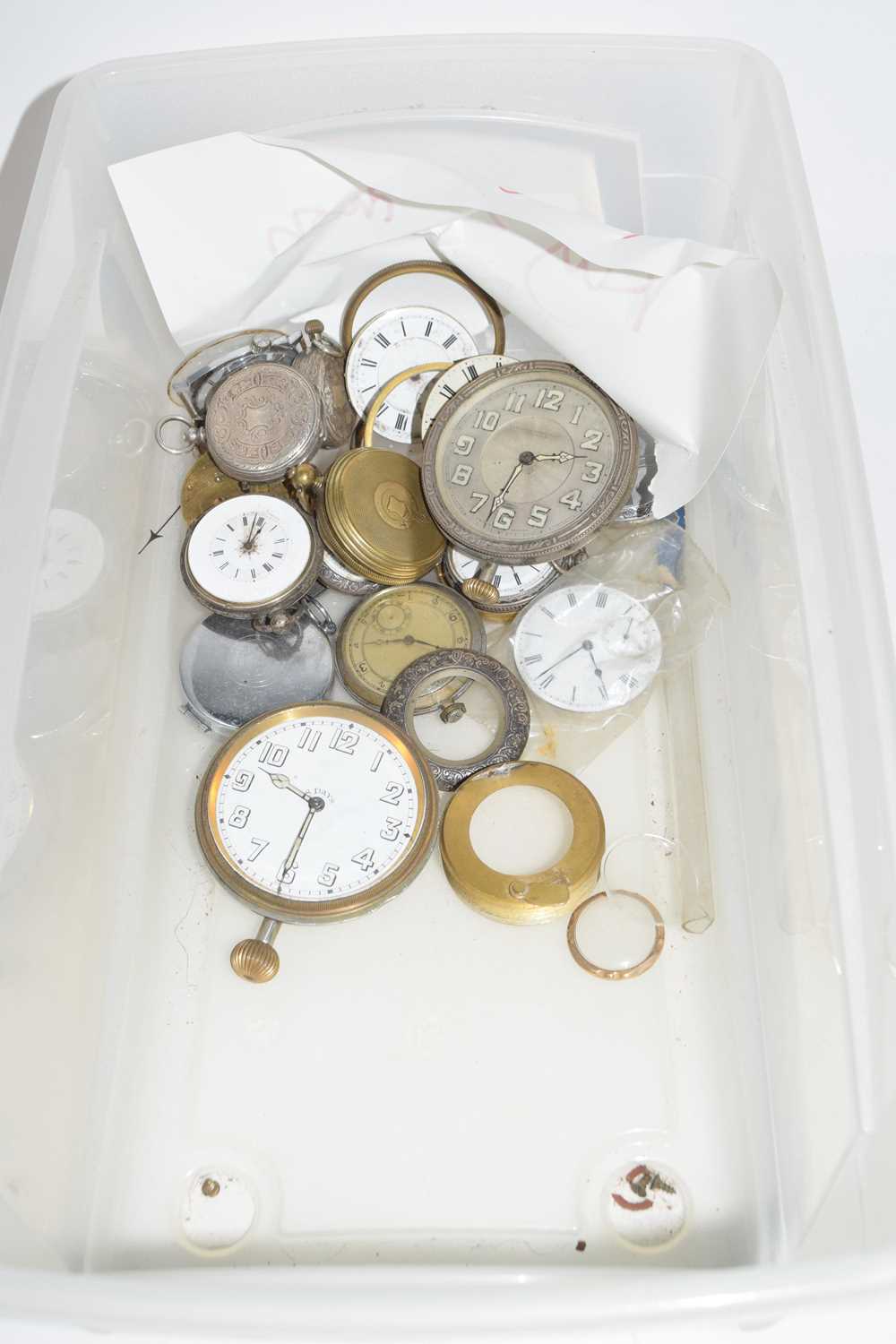 Box of various silver and base metal pocket watches and parts