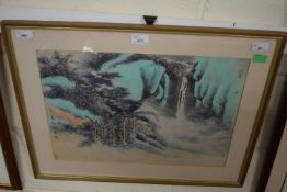 Oriental School, 20th Century, A mountainous range with waterfall and shrine, watercolour and ink,