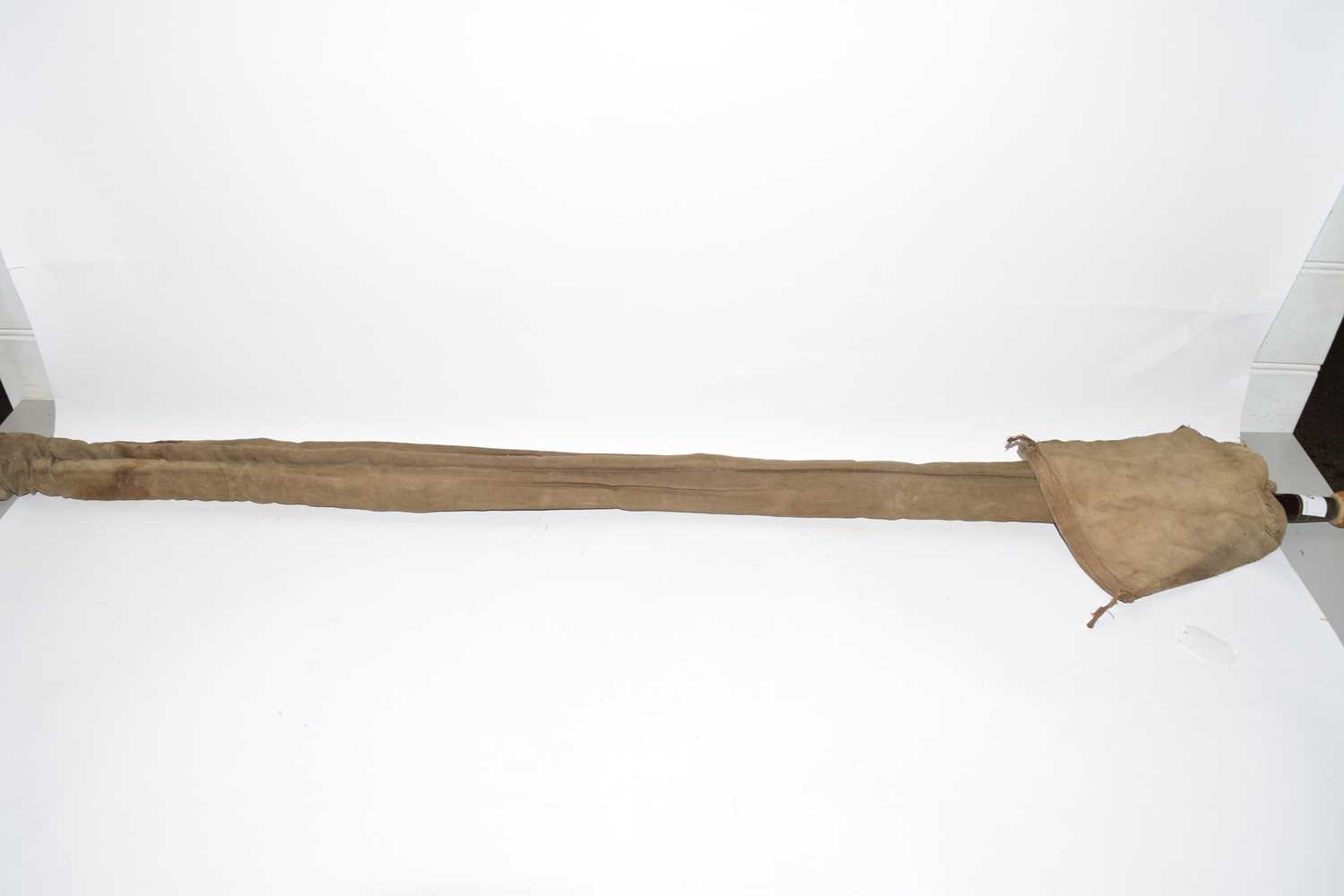 19th/20th century 2-part wooden fly-fishing rod with a cork handle, turned wooden pommel and brass
