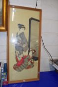 Japanese school study of two Geisha Girls, coloured print, framed and glazed