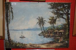 K Paul (20th Century) study of a tropical seaside village, oil on canvas, unframed