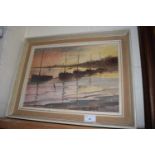 Eve Grant, Estuary Scene at Sunset, oil on canvas, framed