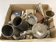 Box of various mixed items to include assorted cutlery, pewter tankards, silver plated vases etc