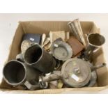 Box of various mixed items to include assorted cutlery, pewter tankards, silver plated vases etc