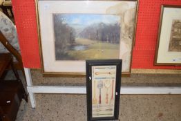 Framed still life study of cutlery together with a framed study golfing scene (2)