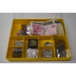 Box of various assorted coinage to include commemorative Crowns, bank notes etc