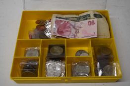 Box of various assorted coinage to include commemorative Crowns, bank notes etc