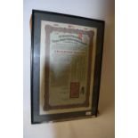 Framed German Share Certificate produced for Deutsch-Asiatische Bank, framed and glazed