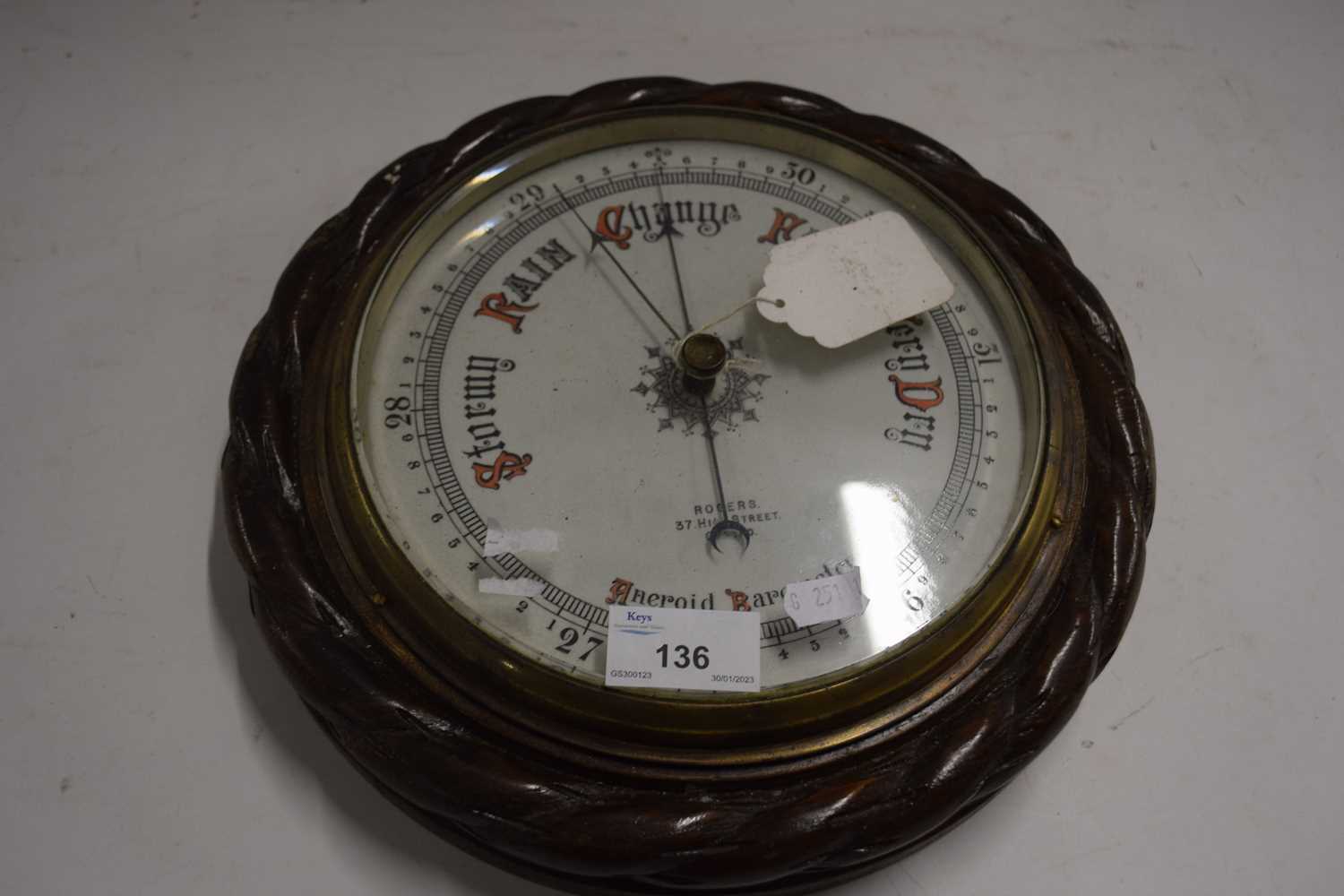 Late 19th Century aneroid barometer, the face signed Rogers, High Street, Oxford