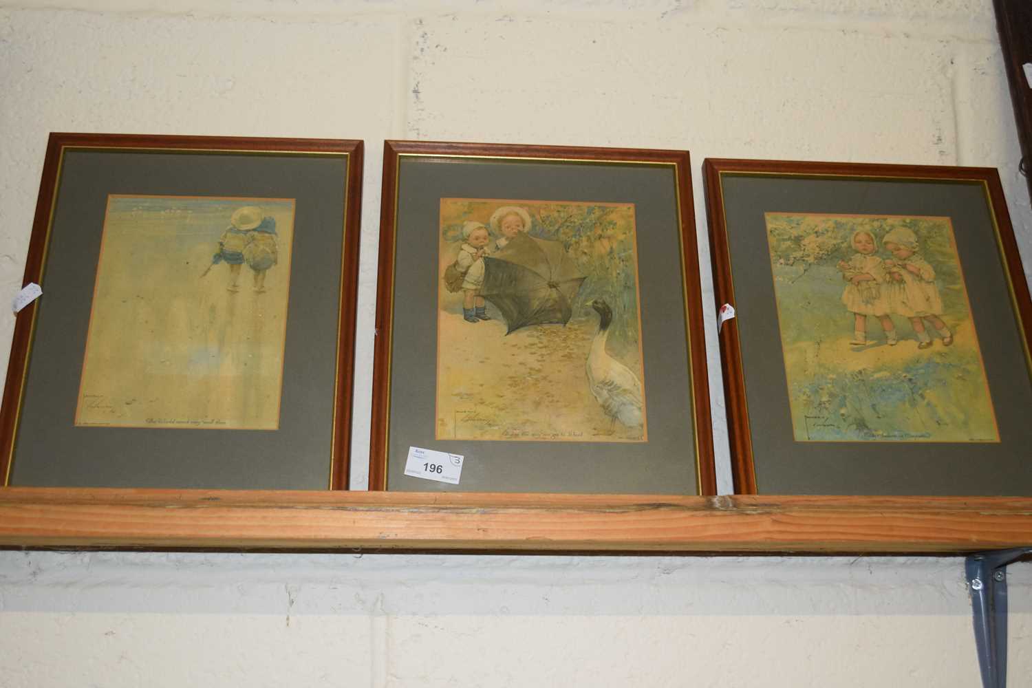 Set of three coloured prints after Lawson Wood together with a further naive study of a pasture