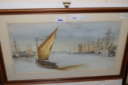 British School, 20th century, shipping estuary scene, watercolour, indistinctly signed, 9x17ins,